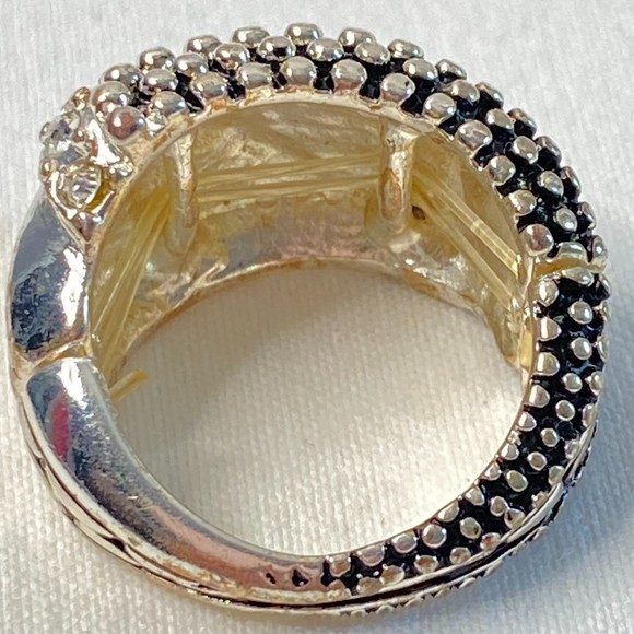Ornate Silver Tone Ring Clear Stones Adjustable Stretch - Picture 5 of 9